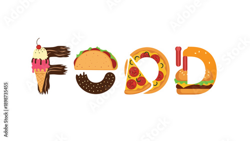 Creative typographic food word illustration using ice cream cone, taco, pizza slice, and a burger character mascot.