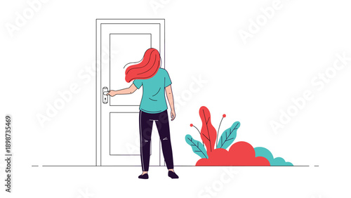 Woman with red hair standing at a white door reaching for the handle in a simple minimalist room with decorative plants.