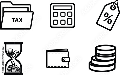 Black and white line icons of finance and business tools and symbols