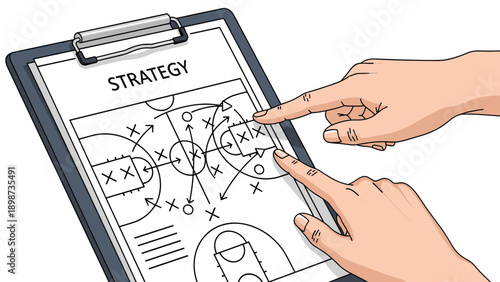 Basketball strategy plan drawn on a paper with clipboard and hands pointing at tactical moves and player positions.