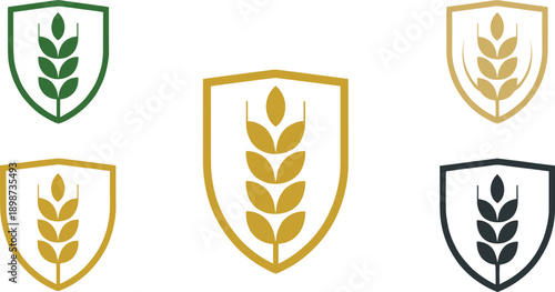 Wheat Shield Logo Icon Set Featuring Golden Grain Emblems Representing Agriculture Quality Protection Organic Farming and Food Security Branding Concepts