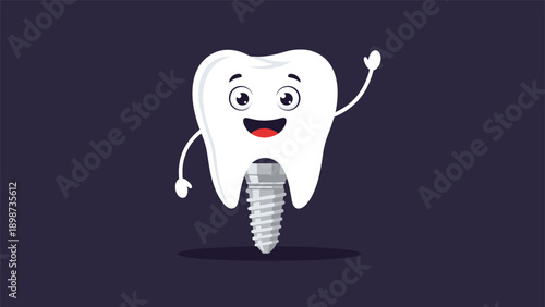 Cute happy cartoon tooth character waving with a metal screw implant base on a dark background for dental care.