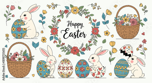 Comprehensive easter set featuring cute bunnies, decorated eggs, floral baskets, a wreath, and various colorful spring flowers.