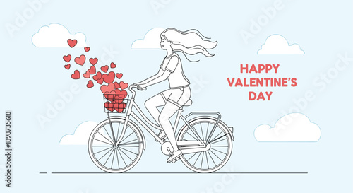 Smiling woman riding a bike with a basket full of red hearts for a happy valentines day celebration with clouds in the background.