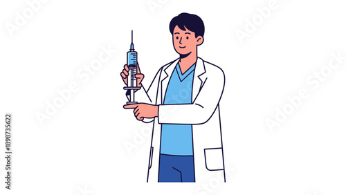 Doctor Preparing Injection: A focused doctor, clad in a professional coat, expertly prepares a syringe with a clear liquid, ready to administer. 