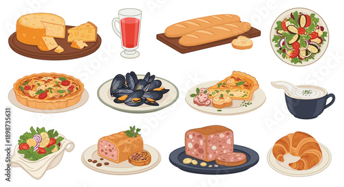 Selection of gourmet french cuisine items including cheese, wine, bread, quiche, mussels, salad, and a fresh croissant pastry.
