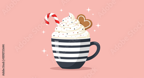 Striped holiday mug with fluffy whipped cream, colorful sprinkles, a candy cane, and a heart shaped gingerbread cookie treat.