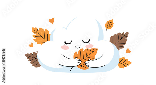 Cute personified white cloud hugging a brown autumn leaf with more colorful leaves and small orange hearts floating around it.