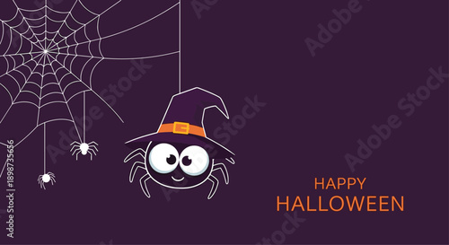 Cute spider wearing a purple witch hat hanging from a white web on a solid dark purple background with happy halloween text logo.