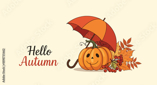 Smiling orange pumpkin under a red and yellow umbrella surrounded by autumn leaves and berries with hello autumn text logo.