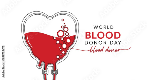 World blood donor day illustration with a heart shaped bag filled with life saving red liquid on white background.