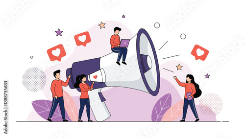 Marketing team working with a giant megaphone and heart icons for brand promotion and audience engagement success.