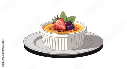 Creamy crme brle dessert served in a white ramekin topped with a sliced strawberry, blueberries, and fresh green mint leaves.