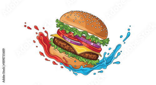 Artistic illustration of a juicy cheeseburger with dynamic red and blue liquid splashes representing sauces or refreshments.