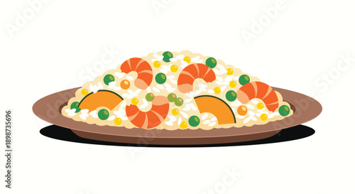 Plate of delicious shrimp fried rice with green peas, orange squash, and white rice isolated on a white background.