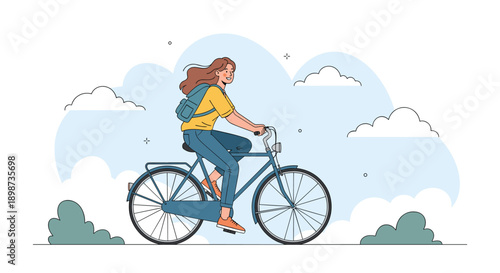 Young woman with a backpack riding a blue bicycle through a scenic landscape with soft blue clouds and green bushes.