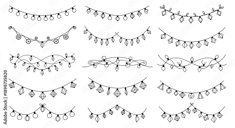 Obraz premium Large collection of hand-drawn festive garlands and light strings features various bulb shapes for celebratory party decorations.