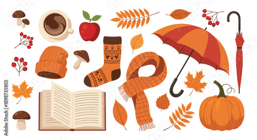 Large collection of autumn themed illustrations including fallen leaves, a pumpkin, an umbrella, a warm scarf, and coffee.