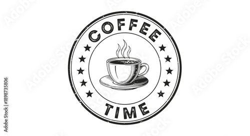 Vintage style circular black stamp with the text coffee time, a steaming coffee cup icon, and decorative stars.