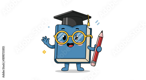 Happy cartoon book character wearing a black graduation cap and holding a red pencil against a clean white background.