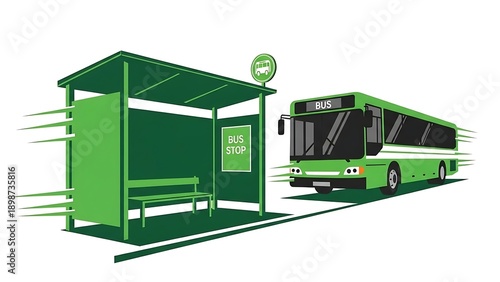 Green bus speeding past modern bus stop shelter