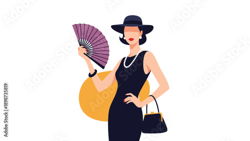 Elegant lady in a black cocktail dress and hat holding a purple folding fan on a white background for fashion.