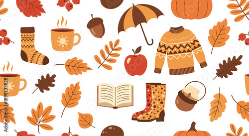 Busy seamless pattern of autumn items including leaves, pumpkins, sweaters, coffee mugs, books, and rain gear on white background.