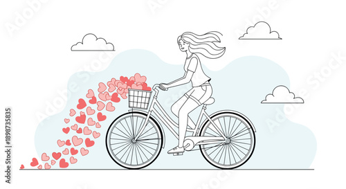 Young girl rides a bicycle with a basket overflowing with pink hearts, leaving a long trail of love behind her in a simple sketch.