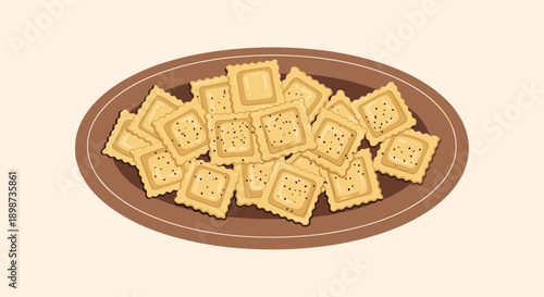 Top view illustration shows a ceramic plate filled with square ravioli pasta pieces sprinkled with black pepper on a brown platter.