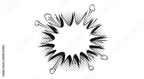 Classic comic book style explosion or speech bubble features jagged edges and halftone dot patterns in a bold black and white design.
