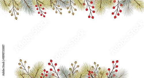 Festive horizontal border is composed of pine branches and red berries at the top and bottom edges for seasonal winter designs.