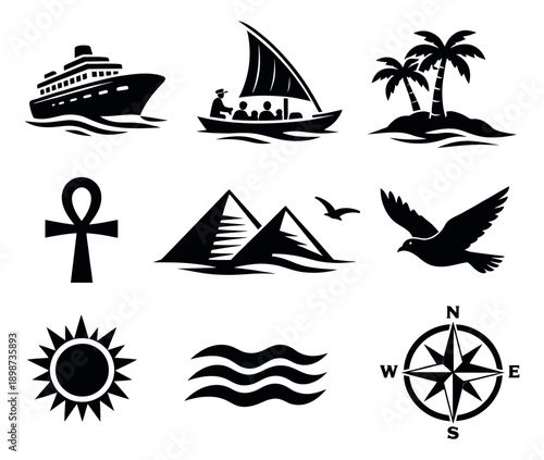 Silhouette travel icon set featuring a cruise ship, felucca, pyramids, and a compass rose for tourism and navigation