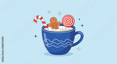 Large blue mug of hot chocolate comes with a gingerbread man, candy cane, and lollipop for a festive holiday treat illustration.