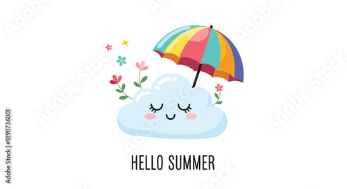 Adorable white cloud character with a happy face holding a colorful striped umbrella surrounded by small flowers for summer theme.