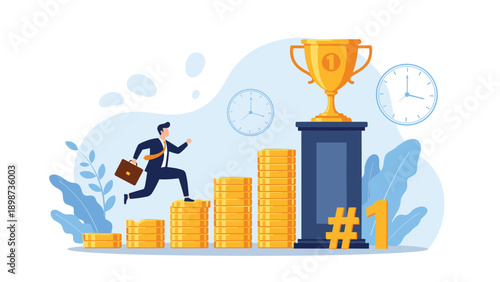 Ambitious businessman running up stacks of gold coins as stairs to reach a first place trophy on a pedestal for business success.