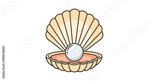 Detailed illustration of an elegant open seashell revealing a beautiful large white round pearl sitting inside on a soft pink base.