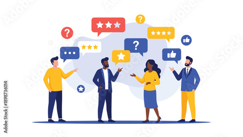 Group of diverse people engaging in conversation surrounded by colorful speech bubbles with icons representing feedback and reviews.