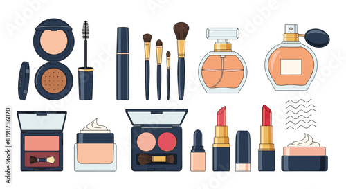 Extensive collection of various makeup products including lipsticks, palettes, brushes, mascara, and creams for beauty routines.