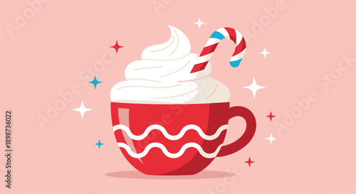 Festive red mug with white wavy lines filled with hot cocoa topped with a mountain of whipped cream and a striped candy cane.