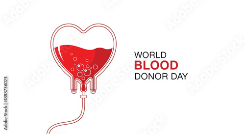 Creative medical illustration of a heart shaped blood donation bag filled with red liquid for World Blood Donor Day awareness.