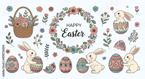 Comprehensive set of cute Easter elements featuring adorable white bunnies, decorated eggs, a flower basket, and a festive wreath.