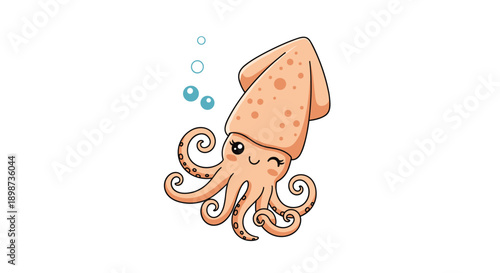 Adorable cartoon squid character with a happy face winking and surrounded by blue bubbles underwater on a white background.