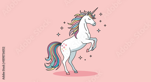 Magical white unicorn with a colorful rainbow mane and tail standing on its hind legs surrounded by golden stars on a pink background.