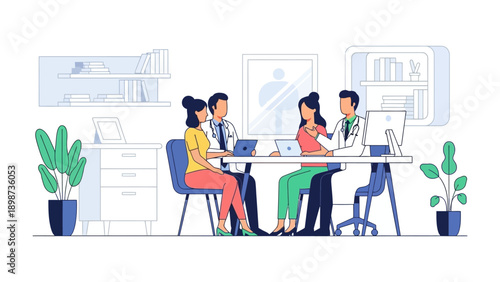 Medical Consultation: Two physicians discuss a patient's health with two individuals, the scene is depicted in a clean and organized examination room, focused on patient care and health evaluation.