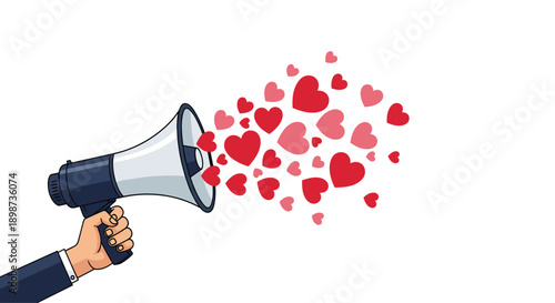 Hand holding a navy blue megaphone that is broadcasting a large cloud of various red and pink hearts on a white background.