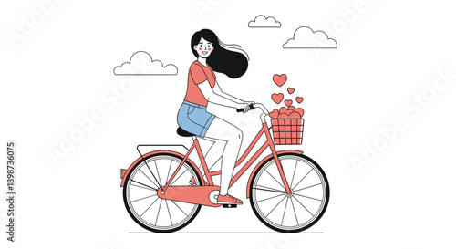 Joyful young woman riding a red bicycle with a basket full of floating red hearts against a simple background with clouds.