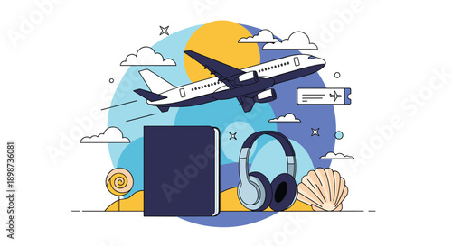 Dynamic travel and vacation concept featuring a flying airplane above essential items like a passport, headphones, and a sea shell.