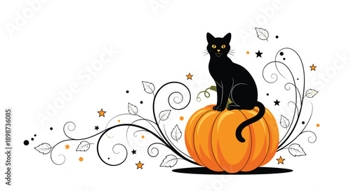 Elegant Halloween composition with a sleek black cat perched on top of a large orange pumpkin surrounded by ornate floral swirls.
