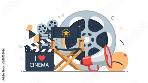 Collection of cinema and filmmaking equipment including a director chair, movie reel, clapperboard, and megaphone on a plain background.