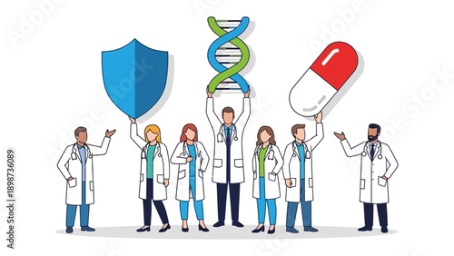 Healthcare Team in Illustration: A group of dedicated healthcare professionals unites to represent the symbols of health, including DNA, shield, and a medicine capsule.